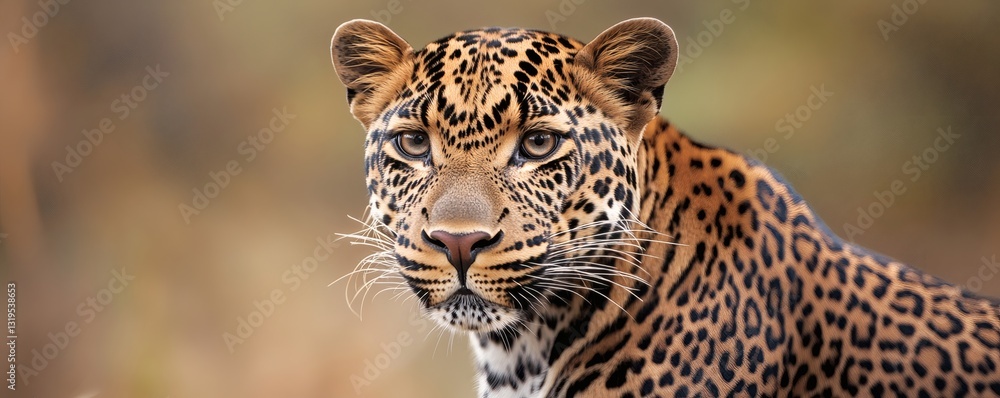 Poster a close up portrait of a leopard looking directly forward