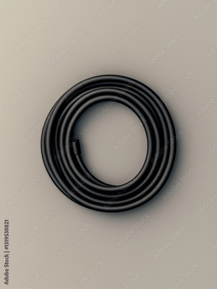 Aufkleber black jump rope coiled in a spiral on a smooth grey background showcases minimalist design with ampl