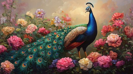 Vibrant peacock struts among colorful flowers in a lush garden gigapixel detail nature's beauty