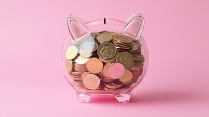 Coins fill piggy bank against pink backdrop; Saving, investment, money, finance concept