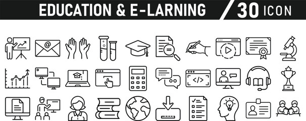 Education and E-Learning icon set. Tuition, e-learning, Batch, educational tools, and digital education icons. Solid icon collection.