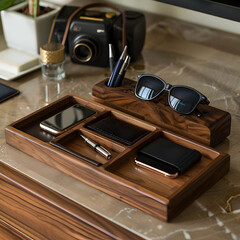 A Stylish Wooden Desk Organizer with Compartments for Sunglasses, Watches, and Essentials.