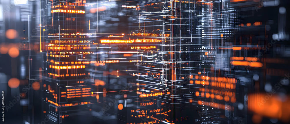 Aufkleber abstract futuristic data network with orange and blue glowing lines in complex digital space