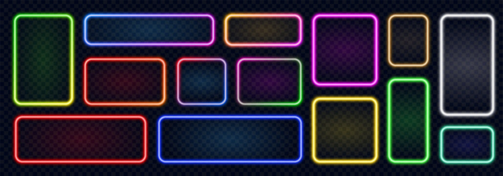 Neon rectangle with rounded edges, set colorful glowing illuminate frame, glowing neon light borders, retro led neon lamp tube on dark background