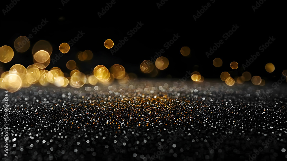 Poster Defocused Golden Bokeh Over Black Surface Creating Sparkling Festive Atmosphere with Subtle Light Reflections