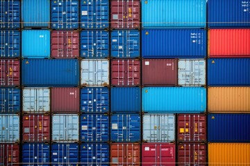 Stacked Shipping Cargo Freight Container. Stacked Cargo Shipping Containers Global Trade Logistics. Stack of Cargo Containers. Global Cargo  import and Export Logistics Concept with Copy Space. 