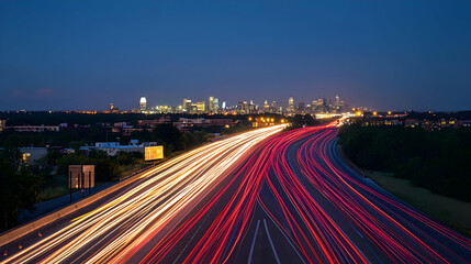 Fototapeta premium Elevated View of Atlanta Skyline at Twilight With Blurred Traffic on Highway in Foreground