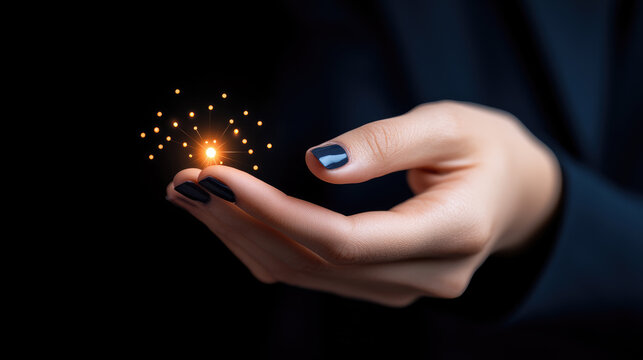 Hand holds glowing of light, surrounded by sparkling particles, symbolizing innovation and creativity