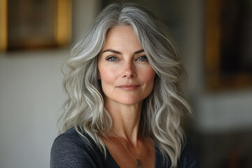 Fototapeta premium Mature woman with gray hair posing indoors in natural light showcasing her confident expression