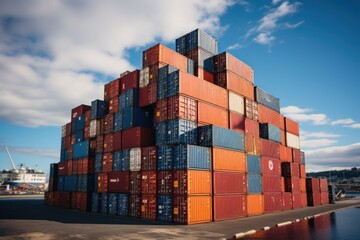 Fototapeta premium Stacked Shipping Cargo Freight Container. Stacked Cargo Shipping Containers Global Trade Logistics. Stack of Cargo Containers. Global Cargo import and Export Logistics Concept with Copy Space. 