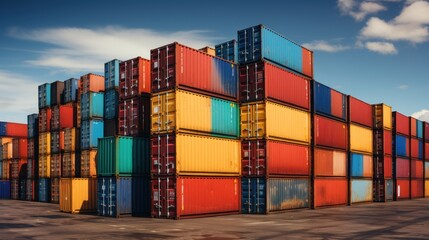 Fototapeta premium Stacked Shipping Cargo Freight Container. Stacked Cargo Shipping Containers Global Trade Logistics. Stack of Cargo Containers. Global Cargo import and Export Logistics Concept with Copy Space. 