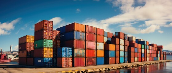 Stacked Shipping Cargo Freight Container. Stacked Cargo Shipping Containers Global Trade Logistics. Stack of Cargo Containers. Global Cargo  import and Export Logistics Concept with Copy Space. 