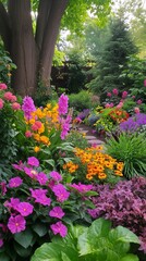 Fototapeta premium Vibrant Spring Garden Pathway Adorned With Colorful Flowers and Lush Greenery