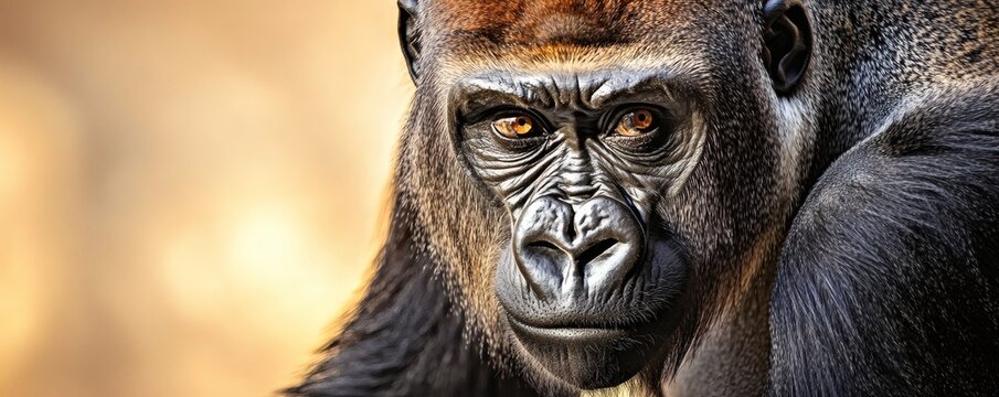 A close up portrait of a powerful looking gorilla staring forward