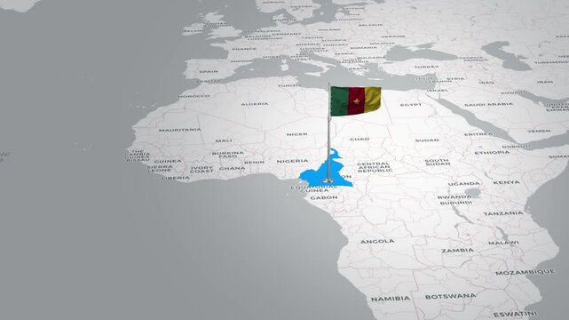 Cameroon map animation. The Cameroon flag flies majestically over a detailed Liberia map.