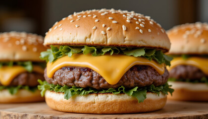 A juicy beef patty cooked to perfection on the grill, topped with rich melted cheddar cheese and served on a perfectly toasted sesame seed bun.