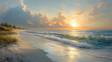 Serene beach at sunset with gentle waves, golden light reflecting on water, and lush greenery