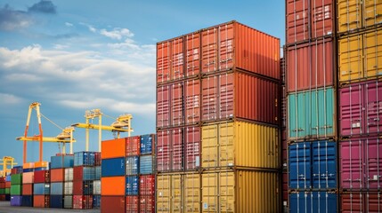 Stacked Shipping Cargo Freight Container. Stacked Cargo Shipping Containers Global Trade Logistics. Stack of Cargo Containers. Global Cargo  import and Export Logistics Concept with Copy Space. 