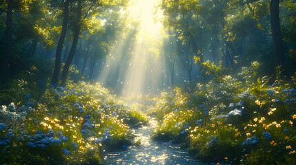 Serene forest landscape with sun rays filtering through trees, vibrant flowers along a stream