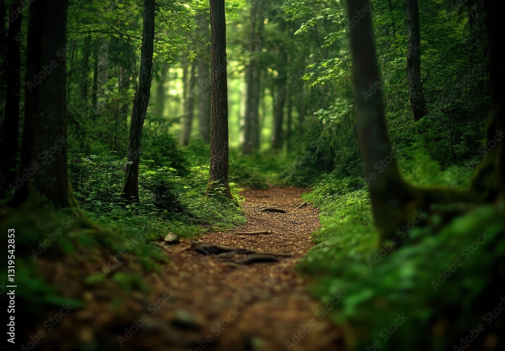 Poster serene pathway through lush forest surrounded by majestic trees and soft light filtering through ver