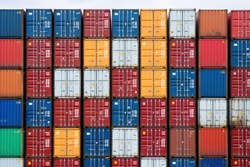 Fototapeta premium Stacked Shipping Cargo Freight Container. Stacked Cargo Shipping Containers Global Trade Logistics. Stack of Cargo Containers. Global Cargo import and Export Logistics Concept with Copy Space. 
