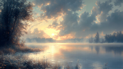 Serene landscape at sunrise over a tranquil lake with mist rising and trees in the background