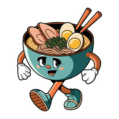 Retro cartoon character of a cheerful bowl of ramen with arms and legs