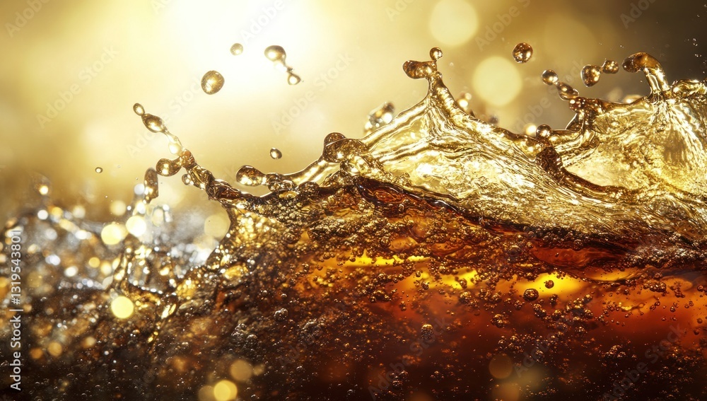 Poster close-up of a dark brown liquid splashing with golden highlights and bokeh background.