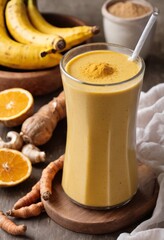 Glass bottle of banana smoothie and a banana