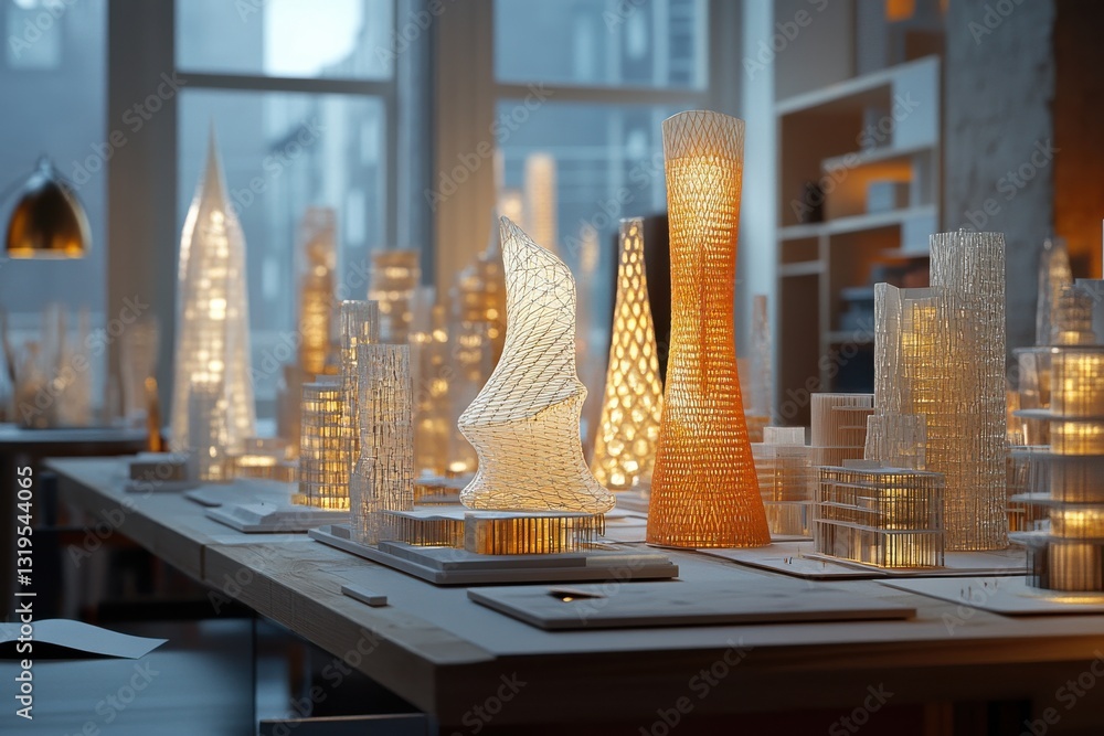 Poster modern architectural models displayed in design studio with soft ambient lighting