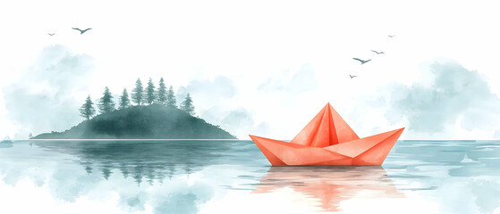 Paper boat on calm lake, island background, serenity