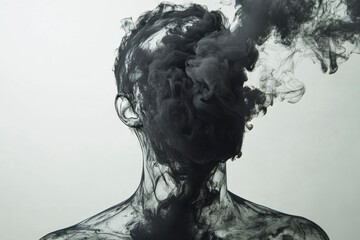 Fototapeta premium Abstract Conceptual Portrait of a Person with Head and Body Filled with Dark Smoke on White Background