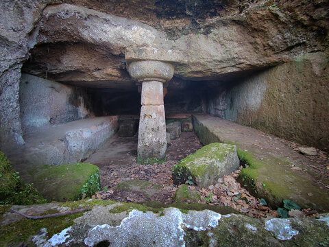 Entrance of a tomb in the Etruscan necropolis of Cerveteri  in Lazio, Italy