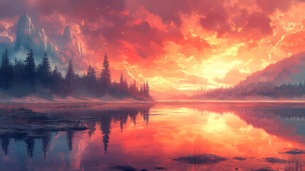 Serene sunset over a tranquil lake surrounded by majestic mountains and lush forests