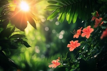 Beautiful Rays of Sunlight Filter Through the Lush Greenery in a Vibrant Garden Filled With Blooming Flowers