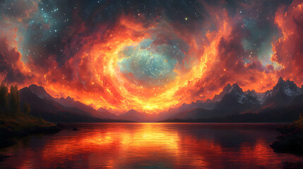 Stunning sunset over a serene lake, with vibrant clouds reflecting on the water's surface