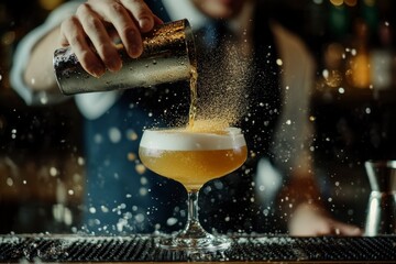 Bartender pouring cocktail into coupe glass with foam, creating elegant drink with splashes and a bar setting.