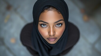 Close-up portrait of a woman wearing a hijab, looking directly at the camera