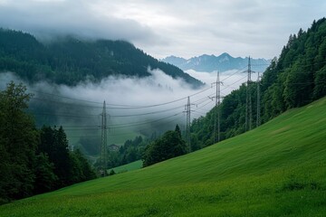 Moody Alpine Meadow with Fog-Covered Forest and Distant Mountains Under Cloudy Sky