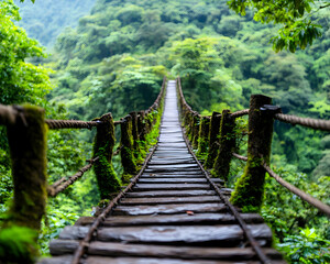 Obraz premium Mossy rope bridge path through lush green jungle