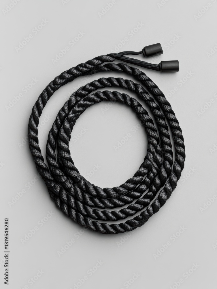 Poster Black jump rope coiled neatly on a smooth grey background in a minimalist setting with ample negative space enhancing focus