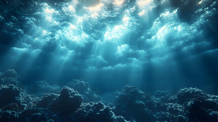 Underwater scene showcasing rays of sunlight penetrating the ocean surface, illuminating coral formations