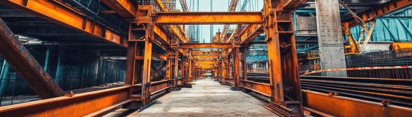 Industrial Construction Site with Steel Framework and Blue Sky