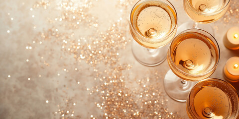 Sparkling champagne glasses with glitter celebrating festive occasion with candlelight