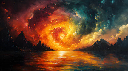 Vibrant cosmic landscape with swirling galaxy over tranquil waters and distant mountains at sunset