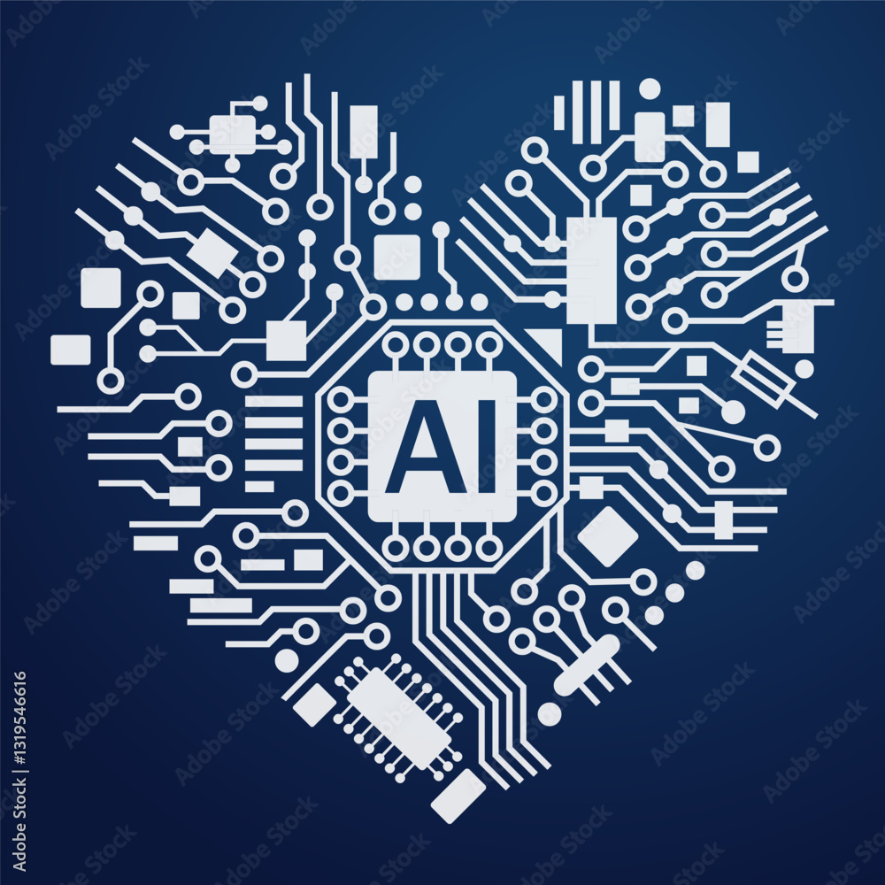 Poster artificial intelligence heart line style. machine learning design. ai smart network digital technolo