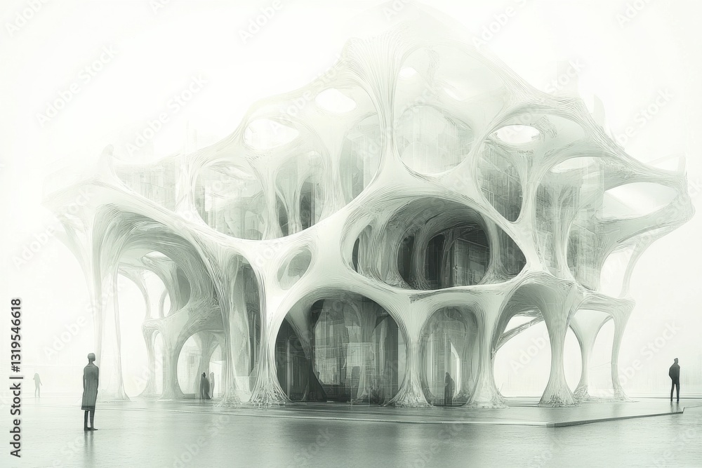 Poster abstract futuristic architecture with organic shapes and fluid structures in a surreal landscape