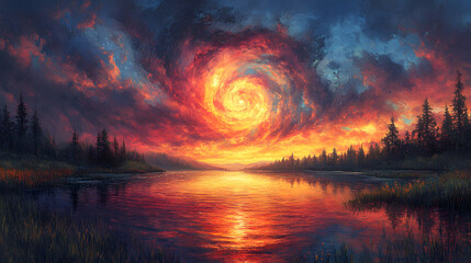 Vibrant sunset over a tranquil lake with swirling clouds and reflections, evoking serenity