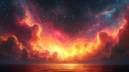 Vibrant sunset over a tranquil ocean, with a cosmic sky filled with stars and clouds