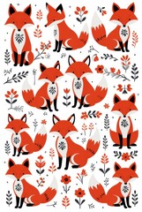 Cute red foxes in scandinavian folk art style, different expressions, sticker flash sheet.